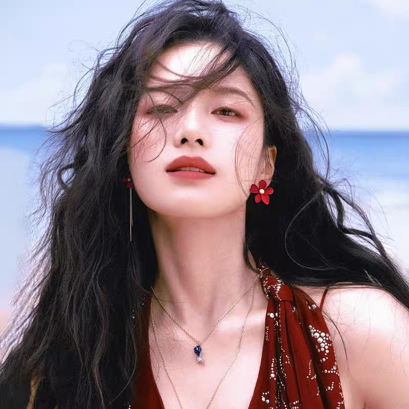 Bông tai hoa hồng đỏ retro phong cách Trung Hoa, thời trang cho lễ hội mùa xuân