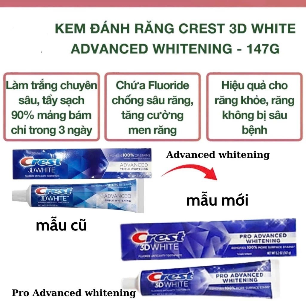 Kem đánh răng Crest 3D White Advanced Whitening 147G Bản Mỹ  Giúp loại bỏ các vết ố vàng trên bề mặt răng
