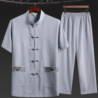 Bộ đồ Hanfu ông nội phong cách truyền thống, chất liệu vải lanh cotton mát mẻ cho mùa hè, phù hợp người lớn tuổi mặc hàng ngày hoặc lễ hội.