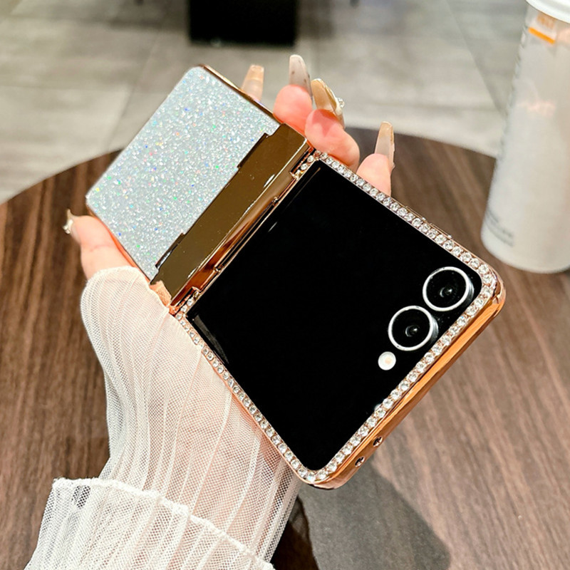 Sang Trọng Sáng Bóng Kim Cương Mạ Điện Bản Lề 2in1 Ốp Lưng Điện Thoại Samsung Galaxy Z Flip 7 7FE Flip 6 5 4 3 Bling Lấp Lánh Chống Sốc