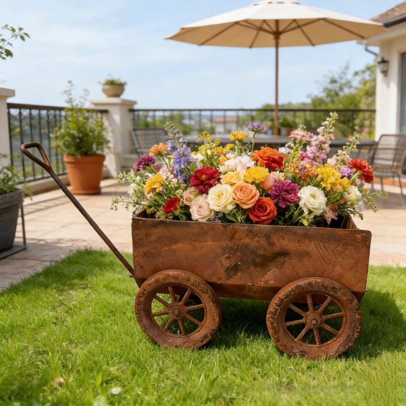 Bapara Rusty Xe Đẩy Rèn Xe Retros Hoa Cũ Ngoài Trời Sân Vườn Hoa Đứng Sáng Tạo Trang Trí