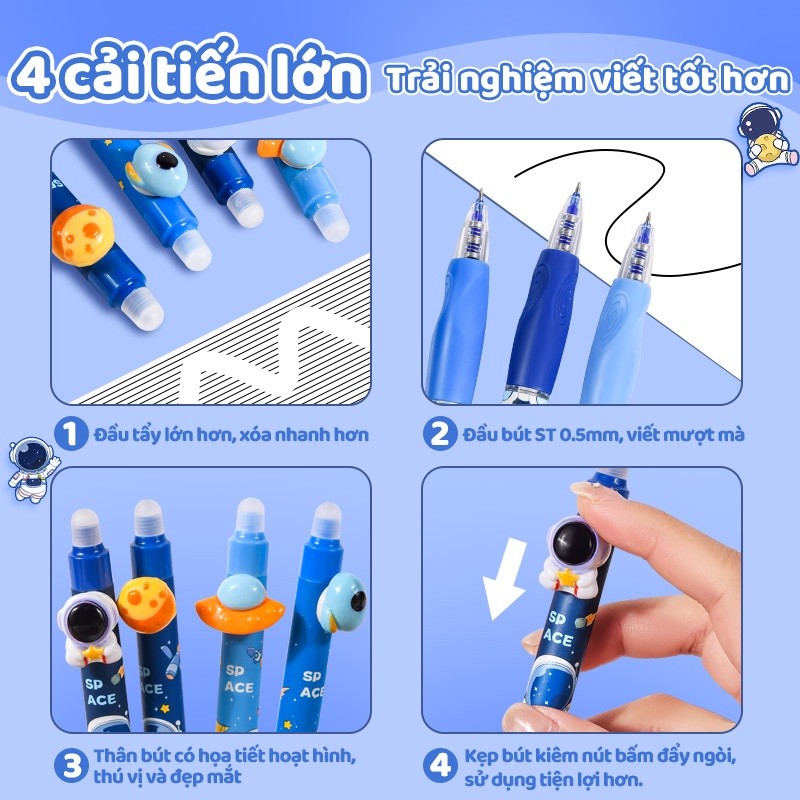 Bút mực xoá được 0.5mm – Bút gel dành cho học sinh cấp 2, mực xanh rõ nét, xoá không lem, kiểu dáng dễ thương