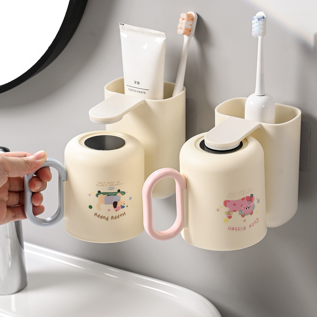 Giá Để Bàn Chải Đánh Răng Treo Tường Không Đục Lỗ, Cốc Nước súc Miệng Từ Tính 2 Trong