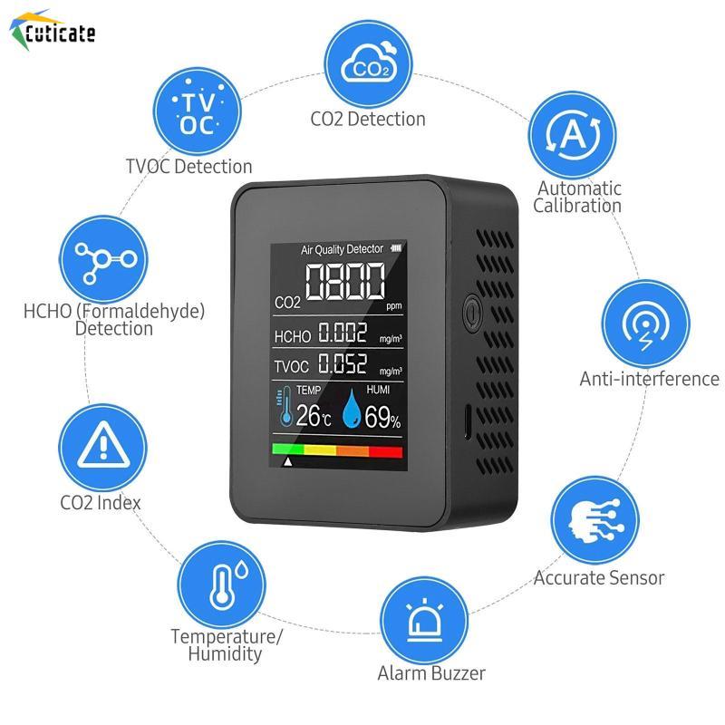 Máy kiểm tra chất lượng không khí Nhiệt độ CO2 Chuyên nghiệp Formaldehyde Máy phân tích không khí chính xác cao cho kho Nhà bếp Sân trường học