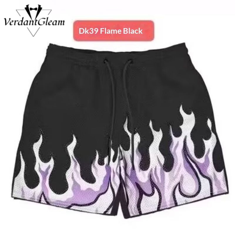 Quần short nam dáng rộng phù hợp chơi bóng rổ, in hình ngọn lửa, khô nhanh thoáng khí