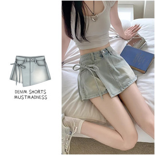 Quần short denim giả hai mảnh dành cho nữ, kiểu dáng chữ A cạp cao, thiết kế bất quy tắc, thời trang