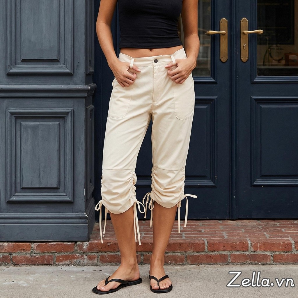 Nữ Xuân Hè Quần Capri Dây Rút Còng Màu Trơn Slim Fit Crop Quần