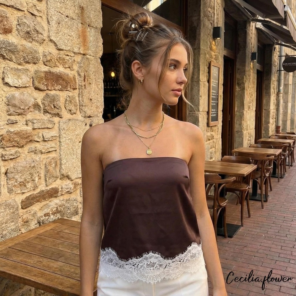 Áo ống chắp vá ren nữ mùa hè lệch vai Satin Bandeau