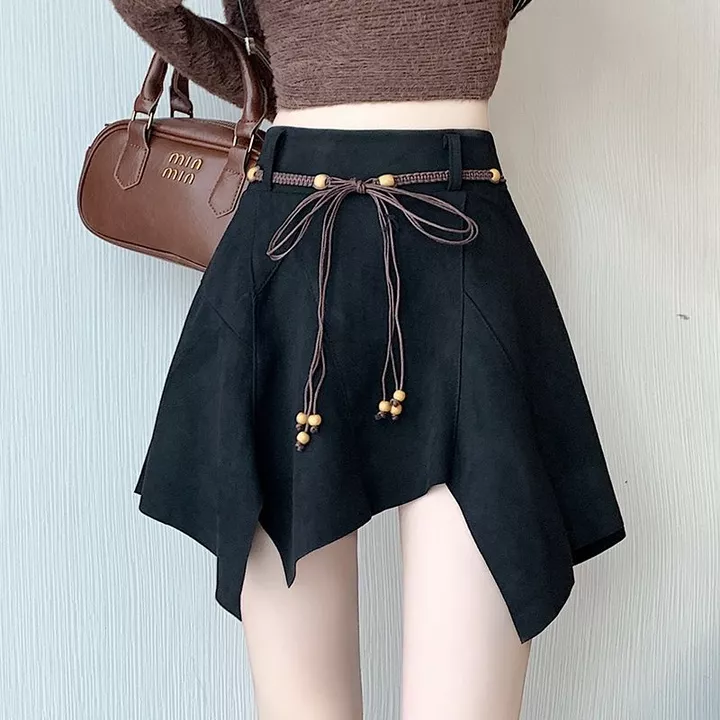 Váy da lộn vintage không đều mùa thu đông mới, váy A-line cao cấp, ôm sát, sexy, đa năng, váy ngắn