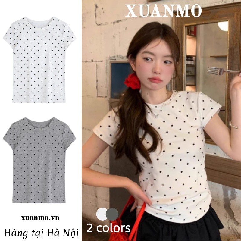 XUANMO Áo thun nữ ngắn tay họa tiết chấm bi mới nhất, dáng ôm slim-fit, thon gọn
