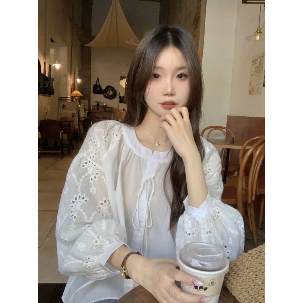 (HÀNG QCCC) Áo sơ mi trắng dáng rộng pha ren sang trọng mix tay phồng vintage MT33 SP446