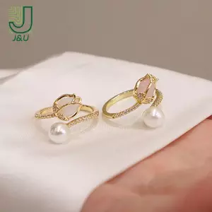Nhẫn thời trang nữ với ngọc trai giả hình hoa tulip và zircon, phù hợp tiệc cưới