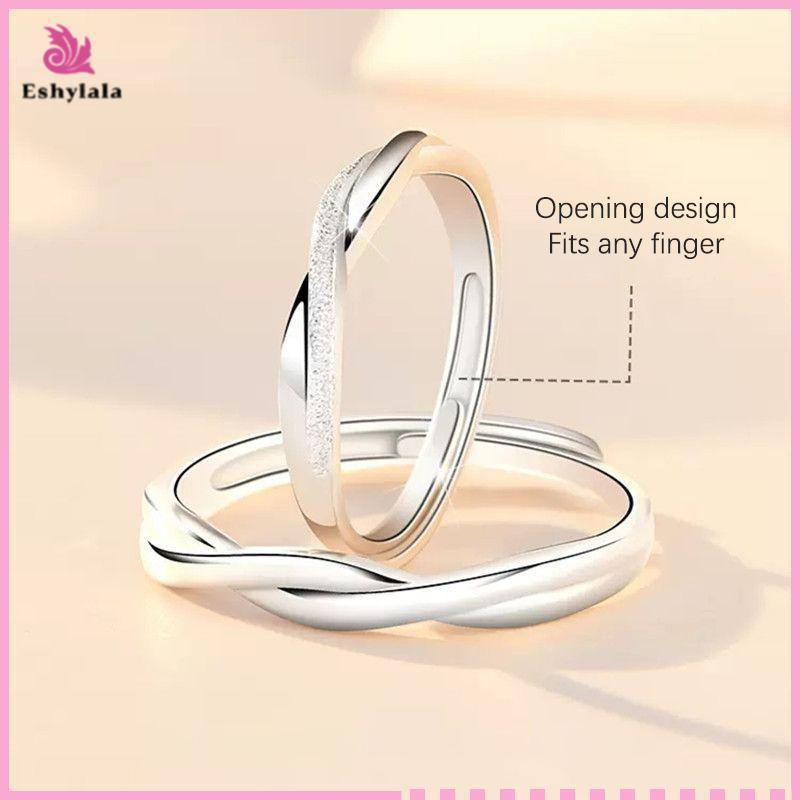 Bộ nhẫn cặp đôi bạc đơn giản Eshylala, Nhẫn đeo tay có thể điều chỉnh cho nam và nữ, Quà tặng kỷ niệm [MỚI]