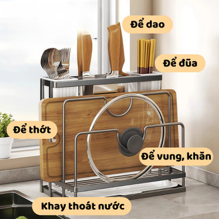 Kệ Để Dao Thớt Nhà Bếp Bằng Thép Cacbon Chống Gỉ, Giá Đựng Dao Đũa, Nắp Nồi, Khăn Lau Bếp 5 Trong 1
