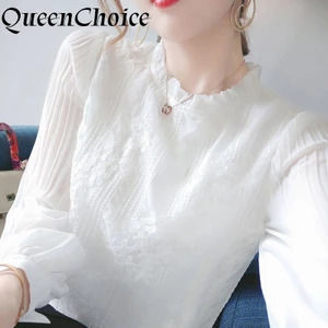 M-3XL Áo sơ mi tay dài văn phòng chắc chắn trắng thời trang ren cao cấp
