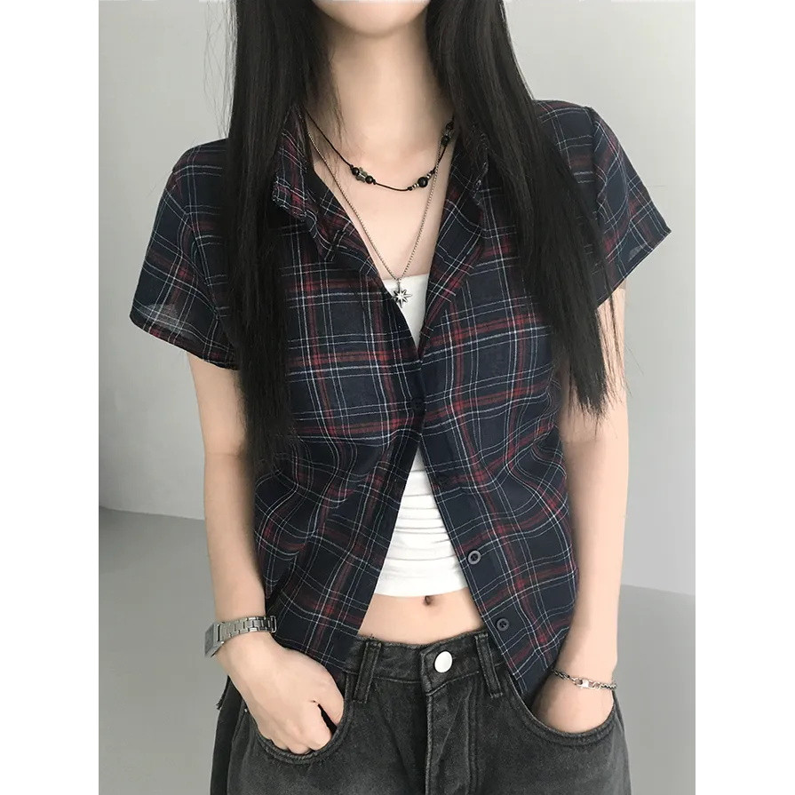 SUXI Áo sơ mi ngắn tay kẻ sọc dây rút cổ điển, phù hợp mùa hè 260324