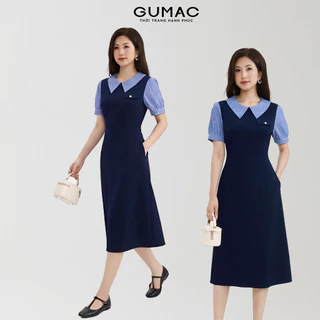 Đầm nữ GUMAC A phối vải sọc thiết kế nắp túi trẻ trung thanh lịch  LDF0904