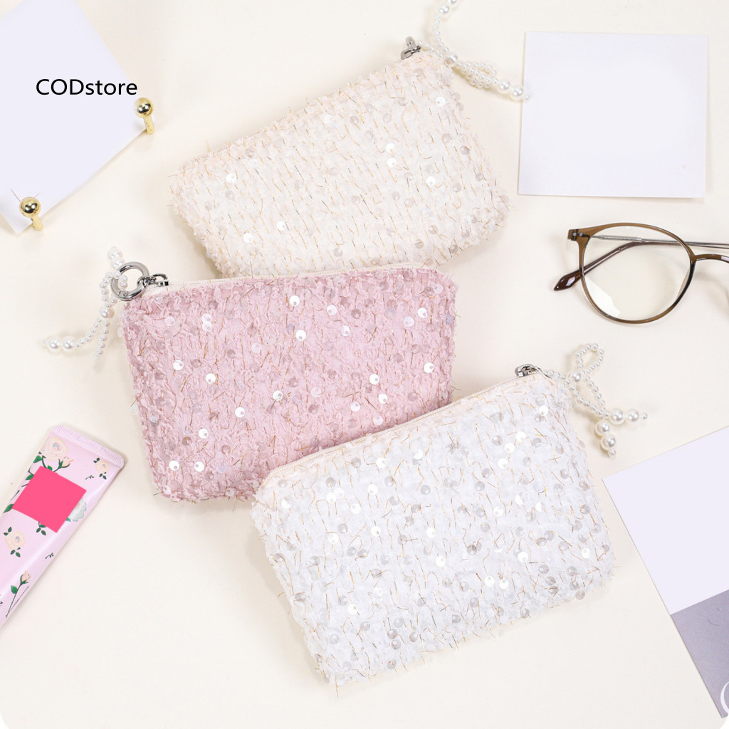 KDCOD * Túi đựng mỹ phẩm lót Polyester đính cườm sành điệu cho nữ, ly hợp lấp lánh, dây kéo, ngọc trai giả, di động du lịch, túi vệ sinh cho bé gái