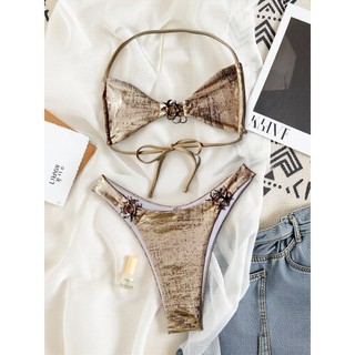 Đồ bơi bikini nữ màu vàng bronzeing họa tiết ngôi sao, thiết kế hai mảnh