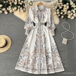 Đầm dài tay áo lồng cổ bẻ in họa tiết phù hợp xuân thu thiết kế cinching thắt lưng dáng xòe phong cách cung đình