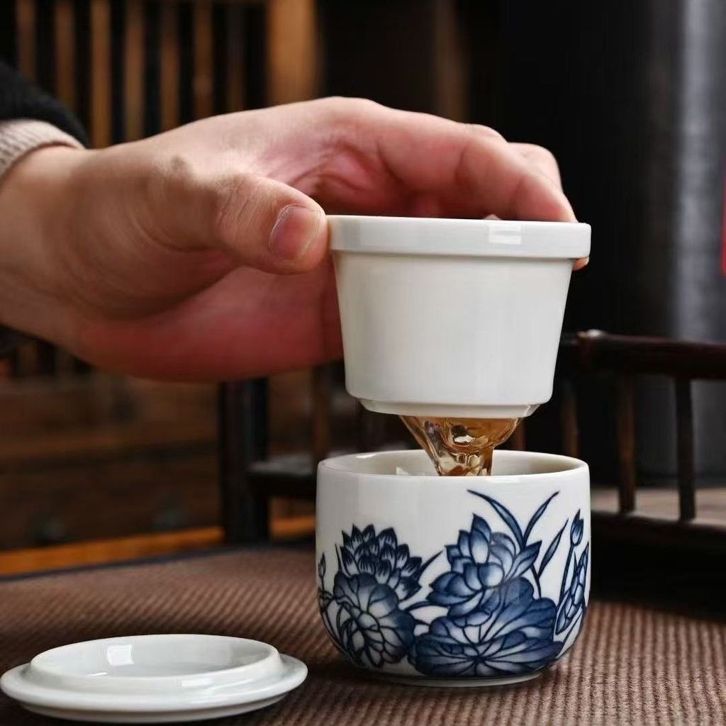 Xanh Trắng Gốm Sứ Nhỏ Cốc Trà Di Động Một Nồi Một Cốc Văn Phòng Một Người Uống Trà Nhanh Cốc Có Nắp Lọc
