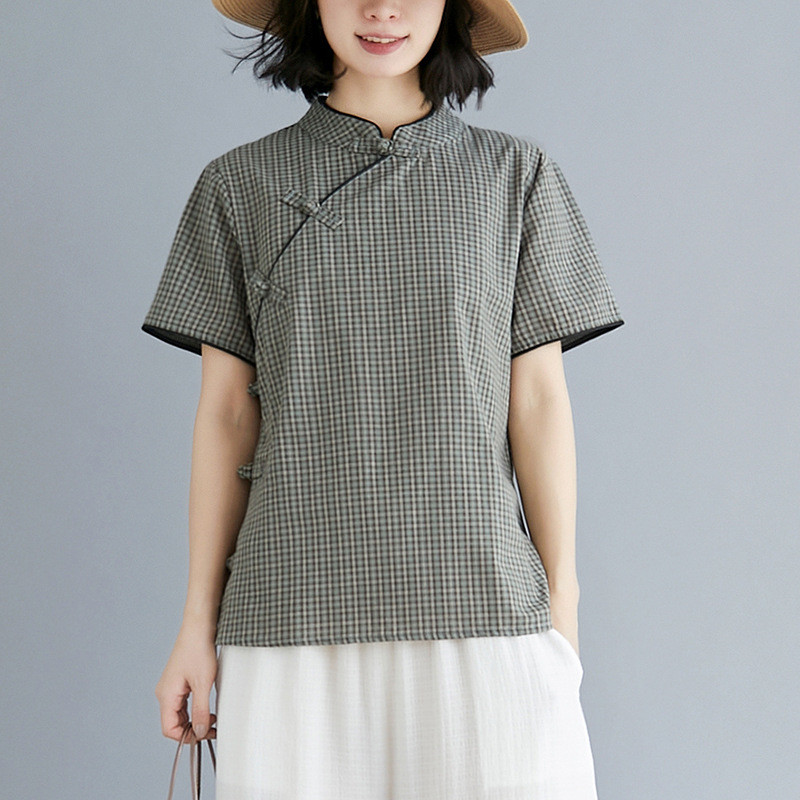 Mới Sườn Xám Trung Quốc Plus Kích Thước Cải Tiến Sườn Xám Retro Cotton Kẻ Sọc Khóa Tay Ngắn Đứng Cổ Áo Cải Tiến Quần Áo Nữ