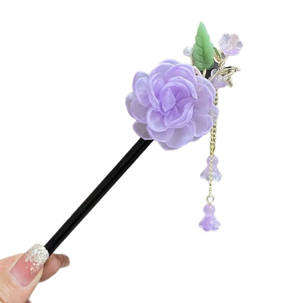 Kẹp Tóc Bằng Gỗ Cổ Lụa Hoa Camellia - Phong Cách Hanfu - Phụ Kiện Tóc Nữ