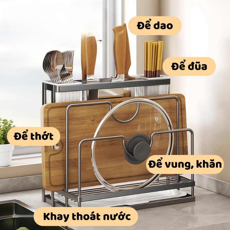 Kệ Để Dao Đũa Đa Năng Thép Cacbon Chống Gỉ DINO– Giá Đựng Dao Đũa, Nắp Nồi, Khăn Lau Bếp Đa Năng Tiện Dụng