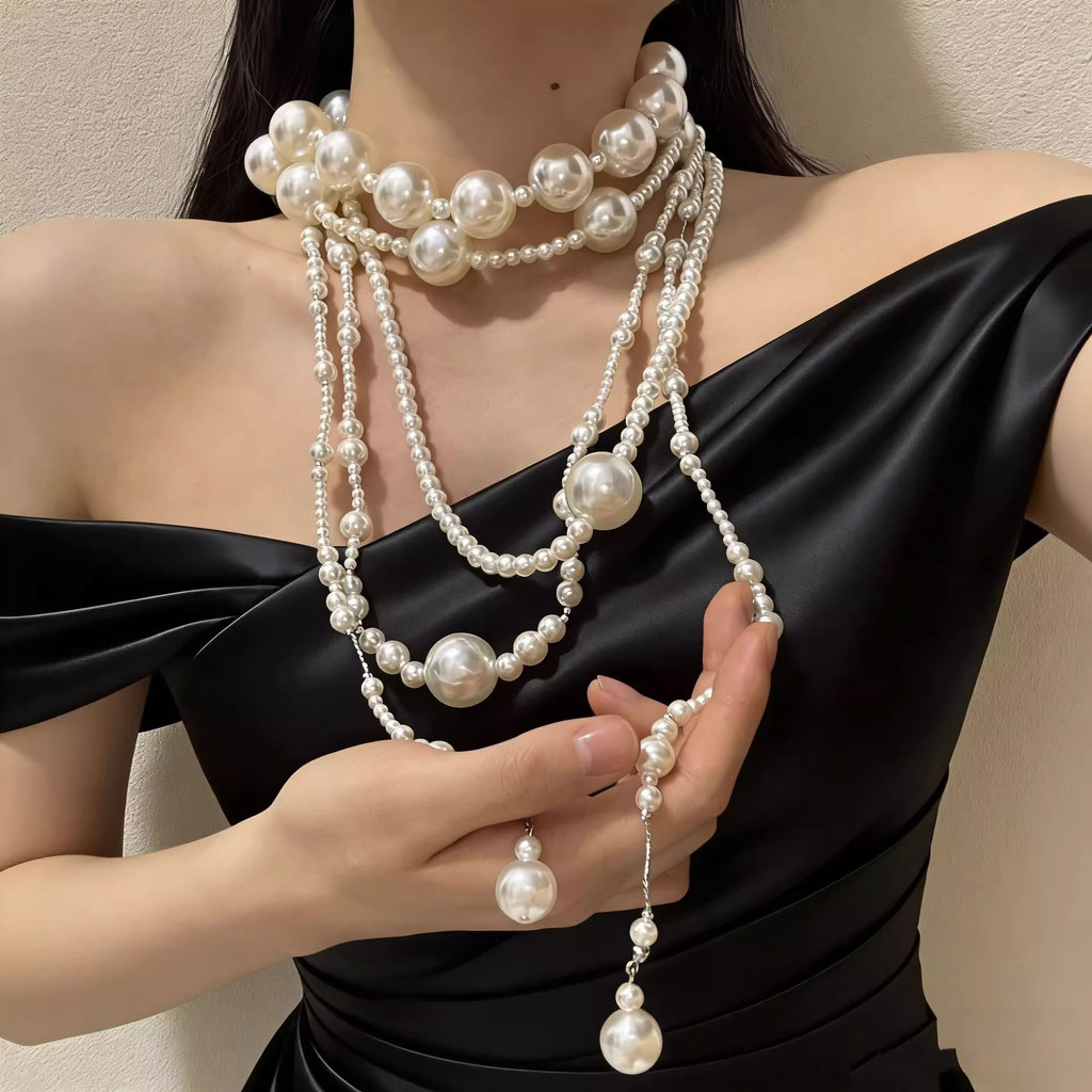 Vòng cổ tua rua ngọc trai nhiều lớp kiểu Pháp, đính cườm đẹp mắt, phụ kiện sang trọng cho nữ
