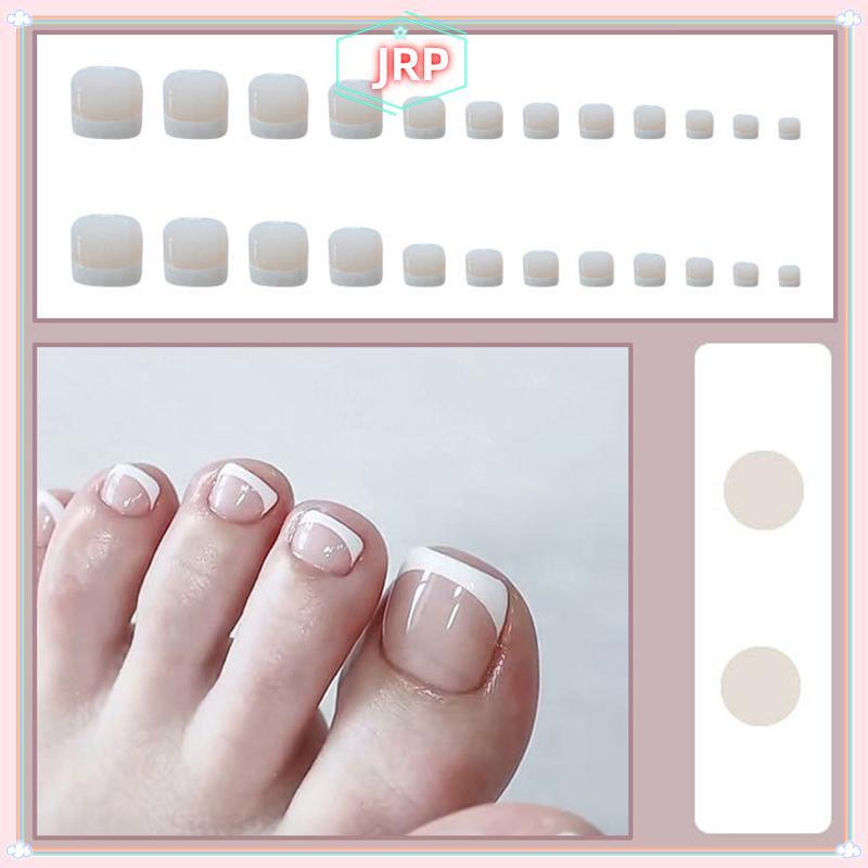 JRP 24 Chiếc Khỏa Thân Bấm Vào Ngón Chân Móng Tay Vuông Ngón Chân Giả Móng Tay Bóng Full Che Ngón Chân Giả Móng Tay Với Pháp Viền Trắng Thiết Kế Dành Cho Nữ JRP