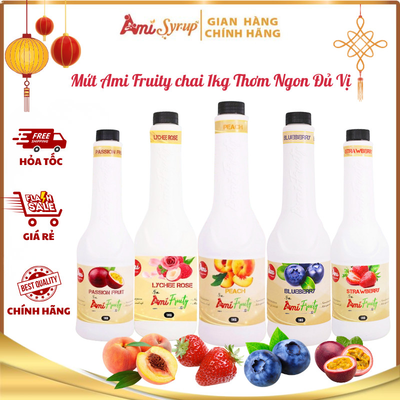 Mứt Ami Fruity chai 1kg hương vị trái cây tự nhiên, nguyên liệu pha chế hoàn hảo