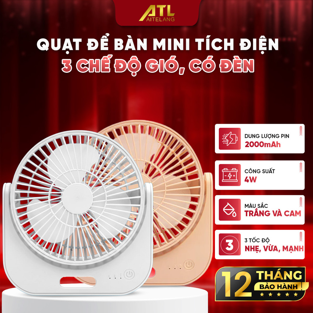 Quạt để bàn mini 3 chế độ gió, quạt tích điện ML-F2 có đèn, pin Li-on 2000mAh, kèm dây sạc USB