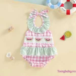 Bộ đồ bơi bé gái Kẻ sọc dưa hấu thêu dây buộc không tay Bộ đồ tắm xếp nếp