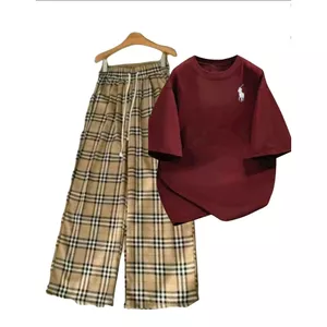 Quần kẻ caro vàng dài 95cm+ và áo phông ngựa cotton su -quanaao94