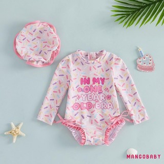 MG-Baby Girls Rash Guard 1st Đồ bơi sinh nhật Rompers In chữ dài tay cổ tròn Bộ đồ tắm cho trẻ sơ sinh có mũ bơi