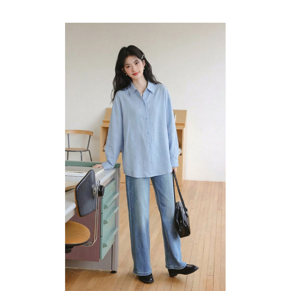 Mutu Áo Sơ Mi Lười Style Hàn Quốc, Màu Xanh, Tay Dài Thích Hợp Mùa Xuân