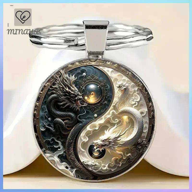 [MINAYA] Móc khóa rồng Âm Dương - Mặt dây chuyền hợp kim thời trang, Thiết kế rồng trắng và trắng, Hoàn hảo cho túi xách, Bapas và quà tặng độc đáo VN