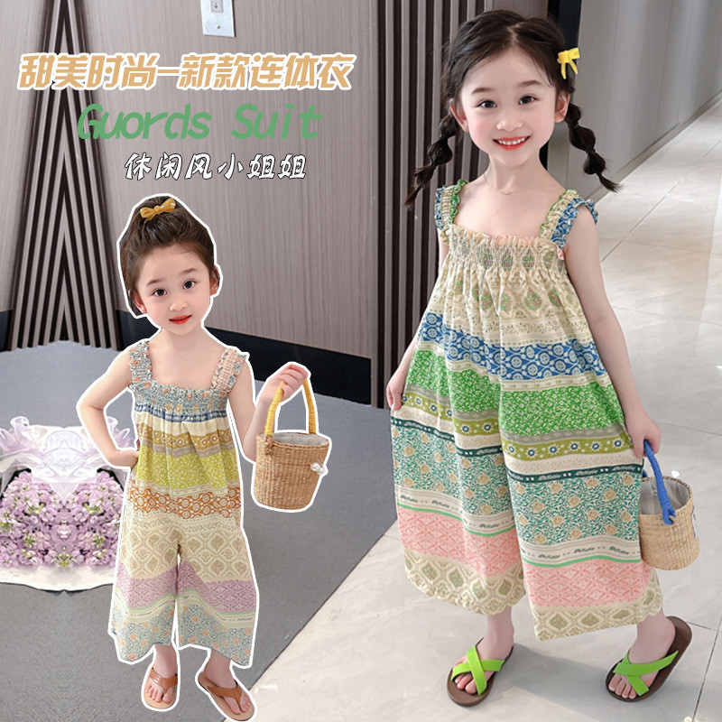 Bộ áo liền quần bé gái Khâu màu mùa hè Sling không tay ống rộng 90-140 Size MW1G