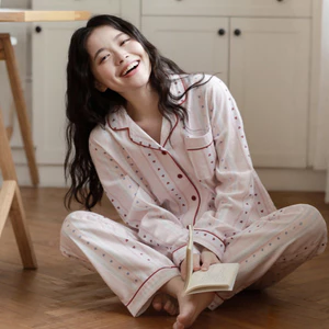 Phong Cách Ngọt Ngào Xuân Thu Bộ Đồ Ngủ Cotton Nữ Thu Đông Cardigan Dài Tay Nữ Nhẹ Nhàng Rời Homewear Set