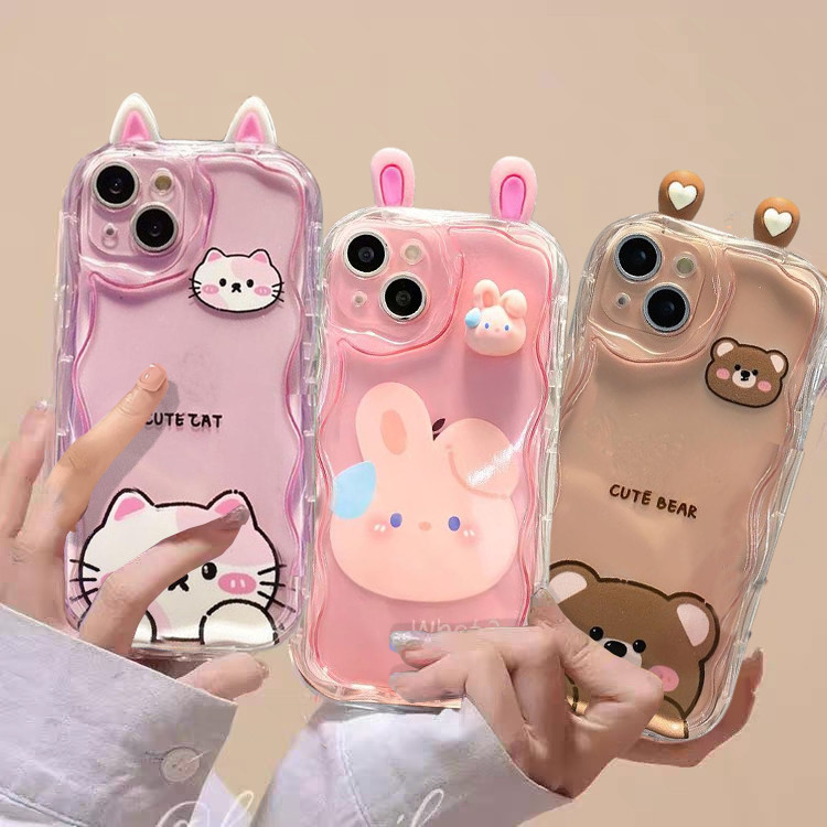Ốp Lưng Cho Motorola Moto G84 G14 G15 G24 G34 G35 G54 G52 G53 E13 G22 G60 G30 G05 E22 3D Thỏ Dễ Thương Gấu Ếch Tai Búp Bê Hoạt Hình Mềm Sóng Bên Vỏ Silicon
