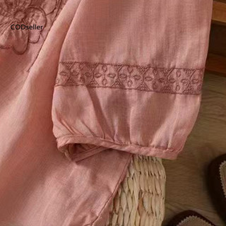 Áo sơ mi nữ vải lanh cổ chữ V tay ¾ thêu hoa mềm mại thoáng khí, phù hợp dự tiệc và thời trang nghỉ dưỡng