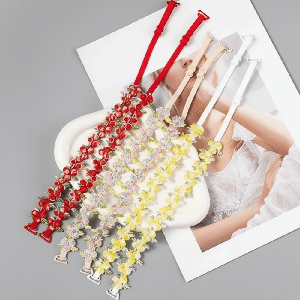 Dây đeo áo ngực hoa làm từ polyester đàn hồi, điều chỉnh được, chống trượt, phù hợp váy dạ hội và tiệc cưới.