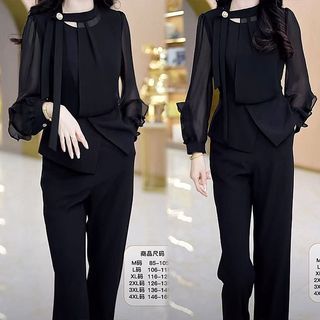 Set bộ nữ thanh lịch sang trọng,áo voan tay dài thời trang,Phong cách công sở thanh lịch,Phù hợp đi làm, đi tiệc