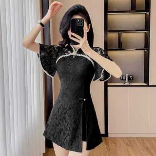 Bộ váy và quần short hai mảnh kiểu Trung Quốc, tay chuông phối ren, dáng ôm, phong cách mùa hè mới.