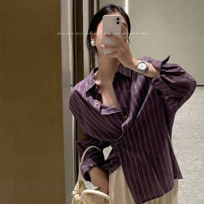 SUXI Áo sơ mi nữ dài tay sọc tím kiểu Pháp mới mùa xuân 250314