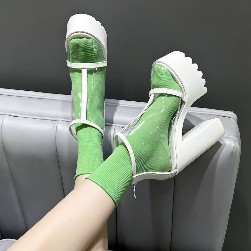 Phong Cách Mới 14cm Dày Gót Đế Dày Nền Tảng Trong Suốt Gợi Cảm Giai Đoạn Khỏa Thân Giày Bốt Ngắn Thanh Hộp Đêm DJ Giày Tăng Chiều Cao