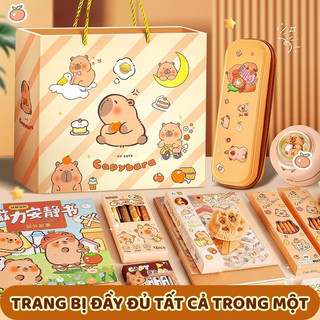 Hộp quà văn phòng phẩm thiết kế dễ thương, bộ đồ dùng học tập và túi đựng bút có hình Capybara cho học sinh cấp 1,quà1/6