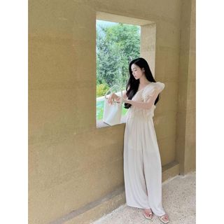 Set áo lệch vai bèo tầng + quần dài ống rộng nữ thanh lịch HB.Studio S108