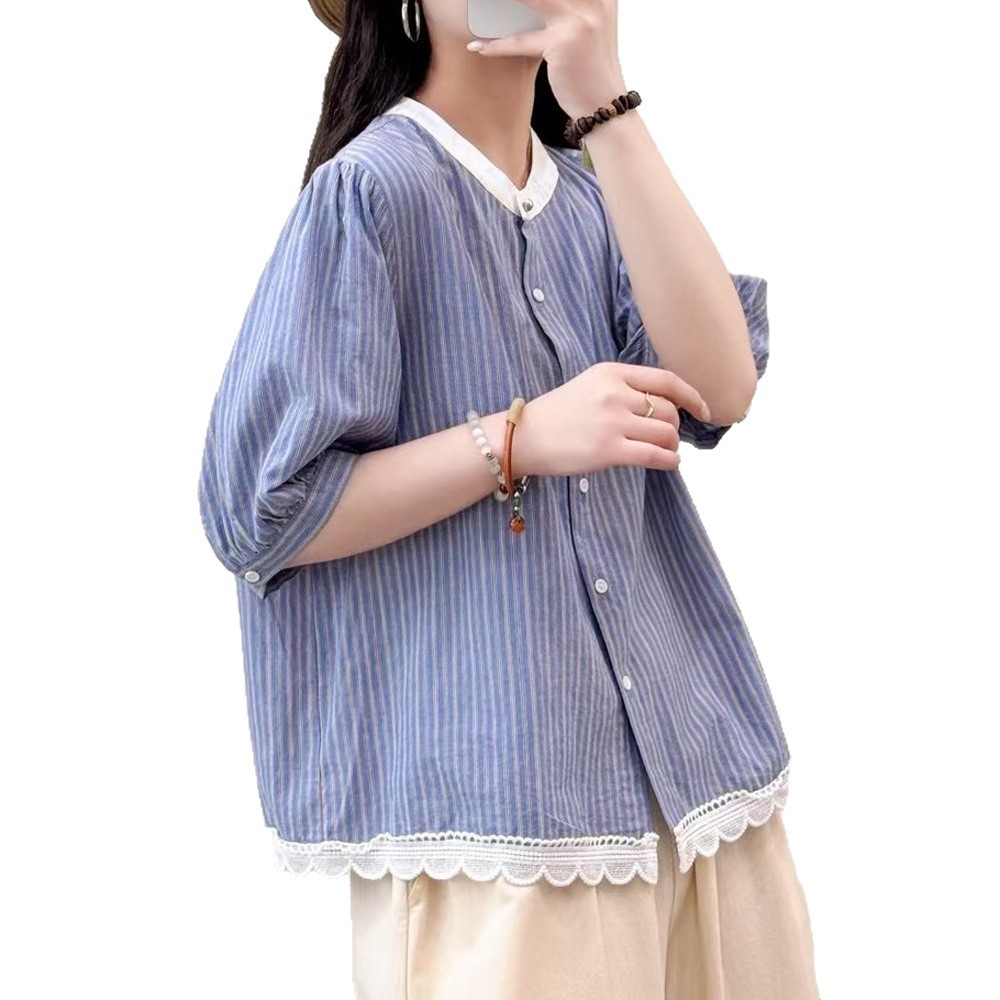 [Hàng có sẵn] Áo sơ mi nữ 100% cotton chất lượng cao, tay ngắn, phù hợp mùa hè với chi tiết sọc và xếp ly nhấn nhá.