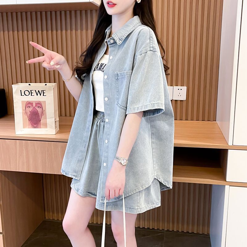 Bộ hai món áo sơ mi và quần short denim rộng rãi, phong cách mới, thời trang mùa xuân hè, dành cho nữ